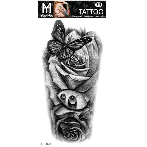 Tillfällig Tatuering 19 x 9cm – Svartvita rosor m fjäril - Bild 2